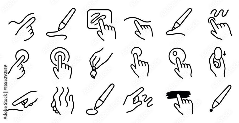 Poster set of stylized hand icons with a pen and brush. the pen is on the left side of the image, and the b