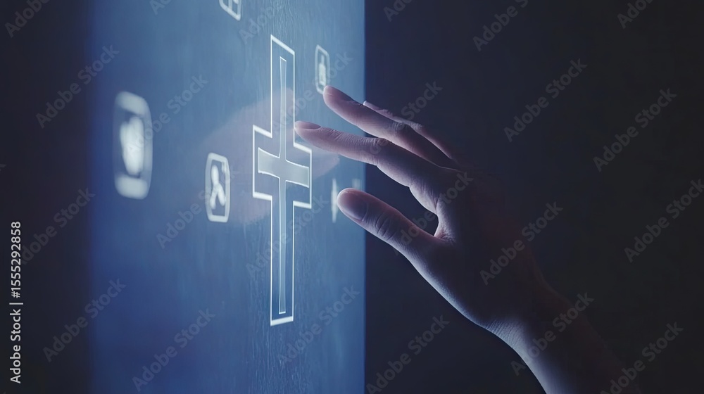 Poster a hand interacts with a projected christian cross symbol on a modern interface.