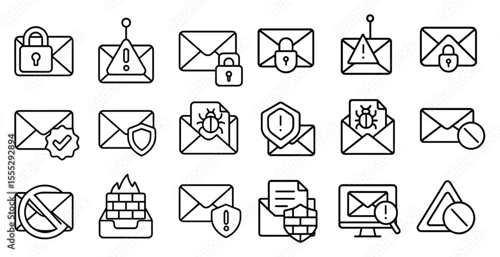 Poster set of icons for various types of emails, including a locked envelope, a bug, and a warning sign