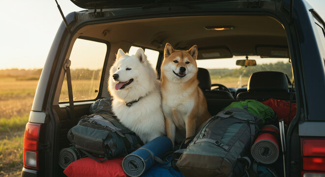 Two dogs in the back of a suv with camping gear ready for an outdoor adventure at golden hour light