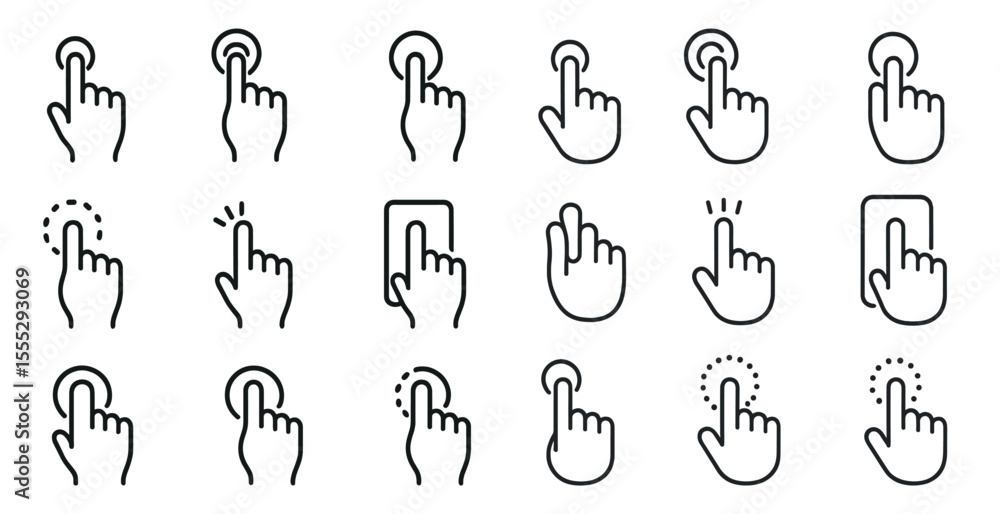 Poster set of icons for a touch screen device. the icons are all in black and white and are stylized to loo