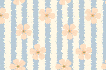 A delicate seamless vector pattern featuring alternating soft blue stripes and scattered pastel flowers. Ideal for trendy fabric, wallpaper, baby items, and charming decorative backgrounds.