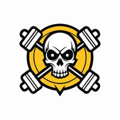 Hardcore gym badge with skull and crossed dumbbells, fitness emblem for bodybuilders and strength training.
