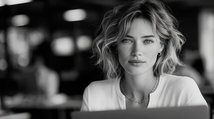 Young adult female working diligently on a laptop in an indoor cafe environment
