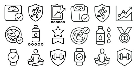 Collection of fitness icons including a scale, a heart, a star, and a bottle. The icons are all in black and white