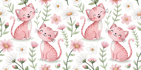 seamless pattern featuring smiling pink kittens among pastel wildflowers on a white background. Perfect for nursery wallpaper, baby textiles, cute greeting cards, scrapbooking, and children’s designs
