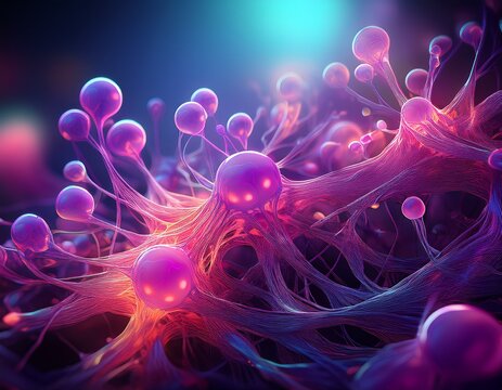 abstract microscopic illustration showing clusters of interconnected organic forms in vibrant purple and pink glowing highlights suggest cellular structures or microbes against a blurred background