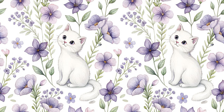 Seamless pattern featuring fluffy white kitten surrounded by lavender, bellflowers, delicate purple flora. Wedding invitations, spring textiles, children&rsquo;s books, greeting cards, floral stationery