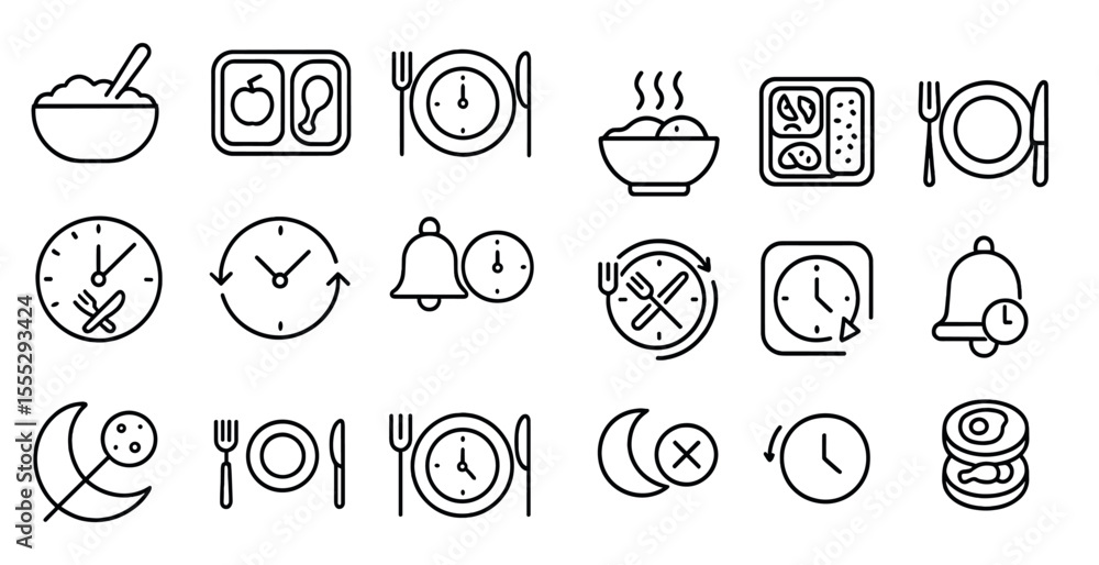 Poster set of food and clock icons. the clock icons are in different sizes and positions, and the food icon
