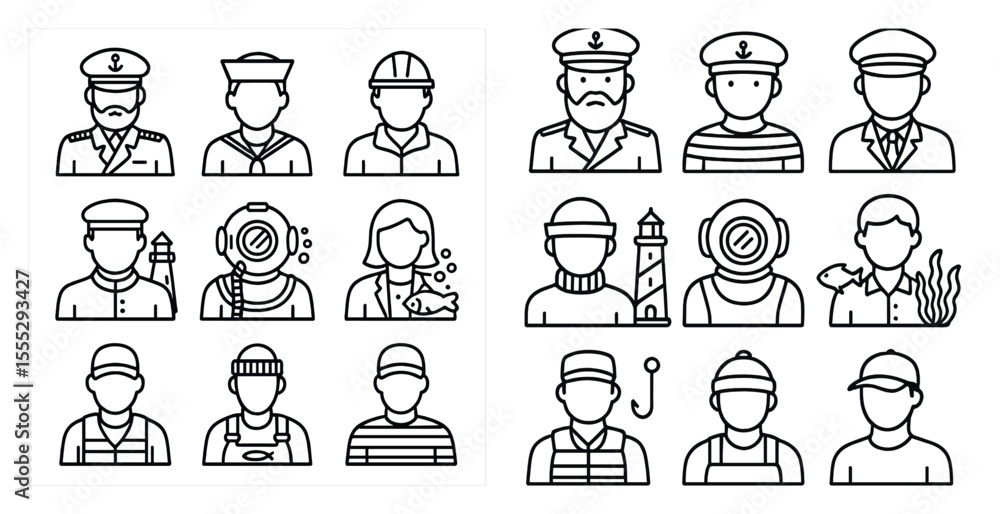 Poster set of men's faces with a variety of professions. the first row has a man in a hat and a man in a ve