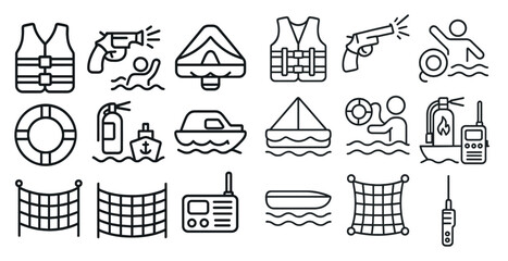 Collection of water safety icons including life preservers, life jackets, and guns. The icons are drawn in a simple, stylized way