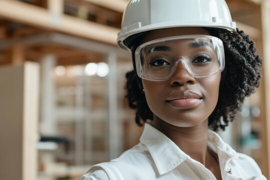 Black female architect at robotic 3D construction site with smart goggles