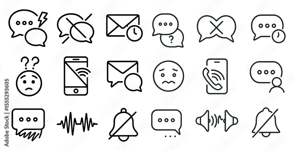 Poster set of icons for communication devices and messages. the icons include a phone, a cell phone, a comp