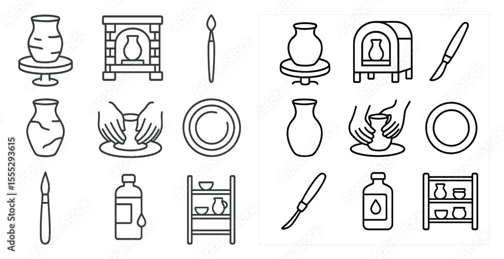 Poster the image is a collection of various pottery-making tools and items. the tools include a brush, a kn