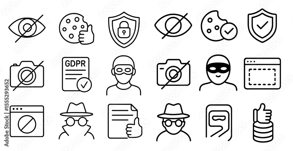 Poster set of icons that include a man with a hat and sunglasses, a man with a camera, a man with a shield,