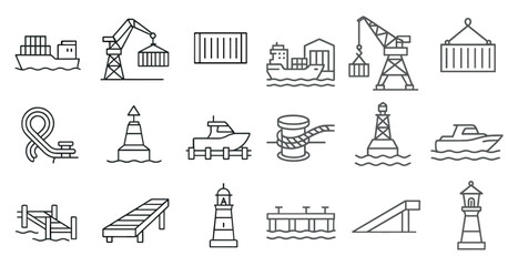 Series of icons depicting various water-related objects such as boats, lighthouses, and cranes