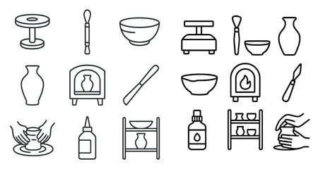 Set of pottery tools and items. The image is of a pottery studio. The tools include a potter's wheel, a bowl, a vase, a brush, and a knife. The studio is filled with various items