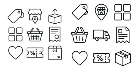 Set of shopping icons including a heart, a box, a shopping cart, a truck, and a ticket