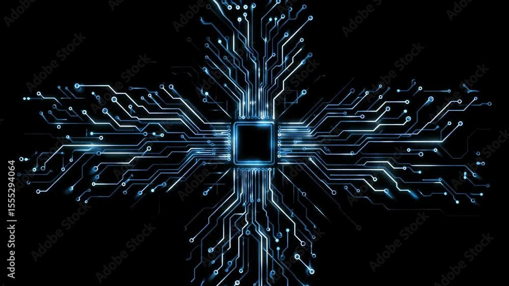 Aufkleber blue glowing circuit board lines forming electronic cross shape. data processing, digital informatio