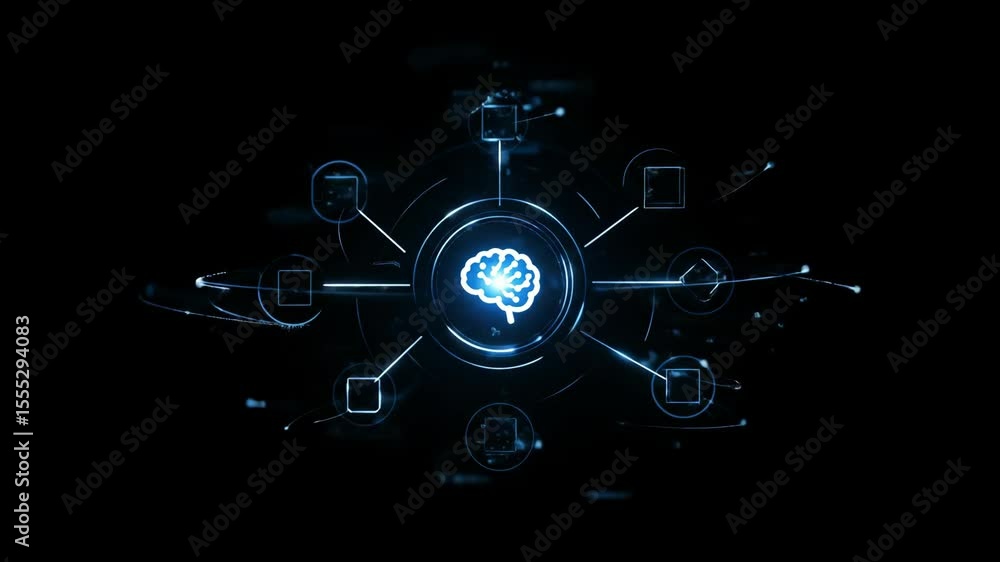 Poster Digital brain icon surrounded by connecting data points. Artificial intelligence neural network processing information. Tech concept animation footage.