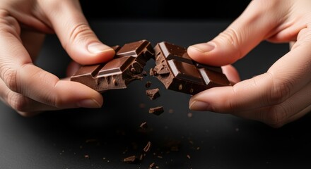Close-up of hands breaking a dark chocolate bar