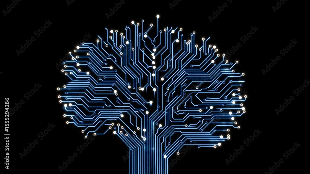 Poster Digital circuit board tree growing with connecting points and data flow visualizing technology advancement animation