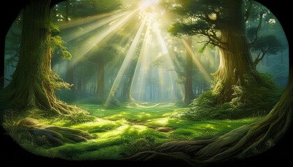 Obraz premium illustration of mystical forest clearing with sunbeams filtering through trees green tranquil landscape
