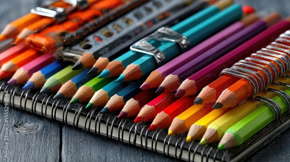 Aufkleber close up of colorful pencils arranged on a gray surface creating a textured composition, perfect for