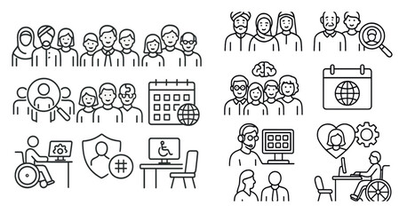 Set of icons depicting people in various situations, including a person using a wheelchair, a person with a laptop, and a person with a cell phone
