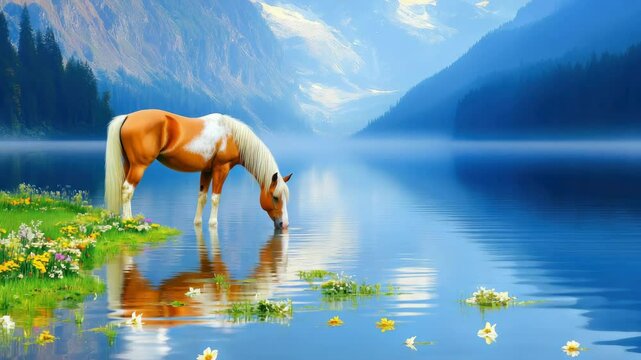 Palomino Horse Drinks from Mountain Lake with Floral Shoreline and Misty Peaks