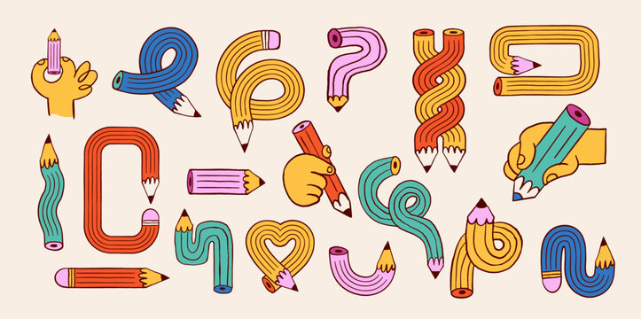 Collection of colorful funky pencil illustrations and doodles