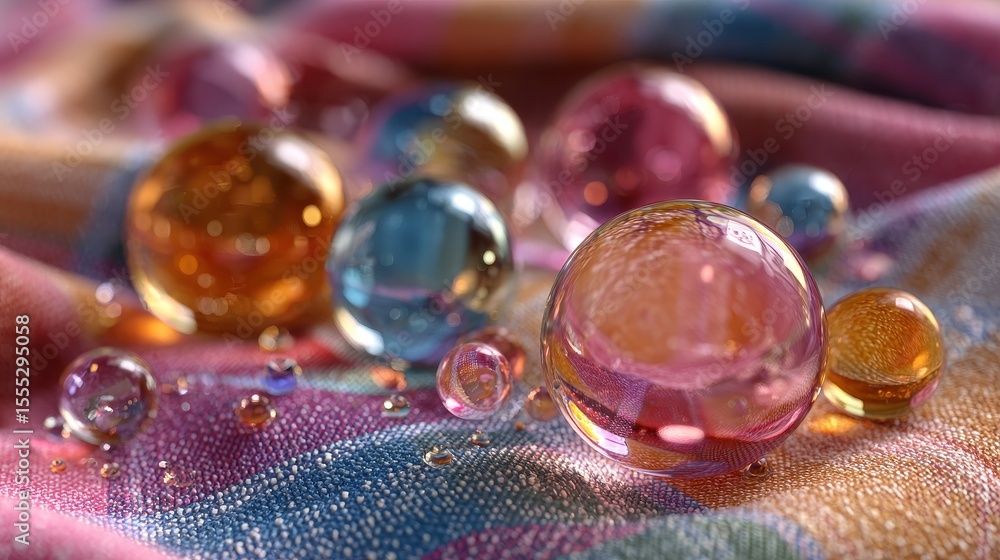Poster soap bubbles reflecting iridescent colors sit atop a multicolored plaid fabric, creating a whimsical