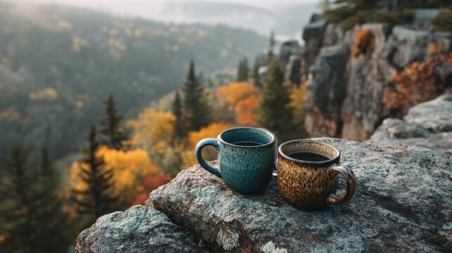 Two ceramic coffee mugs resting on a rock with mountain views at Yosemite National Park in California at sunset