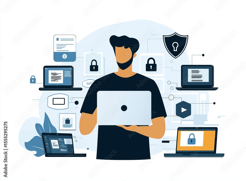 Fototapete digital security expert working with multiple devices in a technology-focused environment