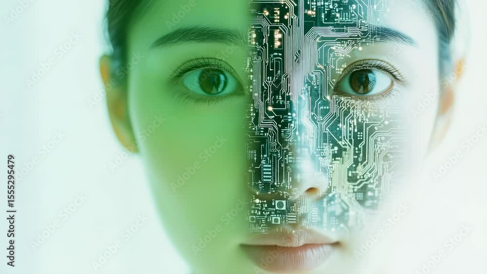 Aufkleber ai integration womans face merged with circuit board, futuristic tech concept