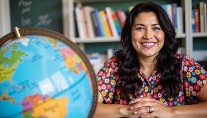 Fototapeta premium Smiling woman teacher sitting at desk with globe in classroom setting 