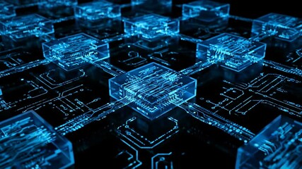 Blue circuit board modules connecting and transmitting data across a digital network grid with abstract glow, technology footage. - Powered by Adobe