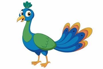 Fototapeta premium Humorous cartoon peacock vector illustration with a farm bird's feather design