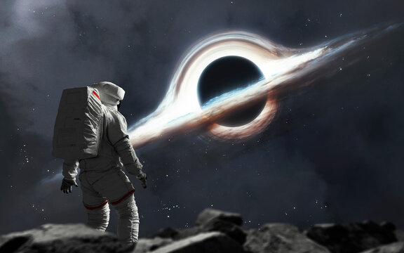 Surreal space art depicting a solitary astronaut gazing at a swirling black hole with a glowing accretion disk. Deep starry cosmos sets a dramatic, awe-inspiring backdrop