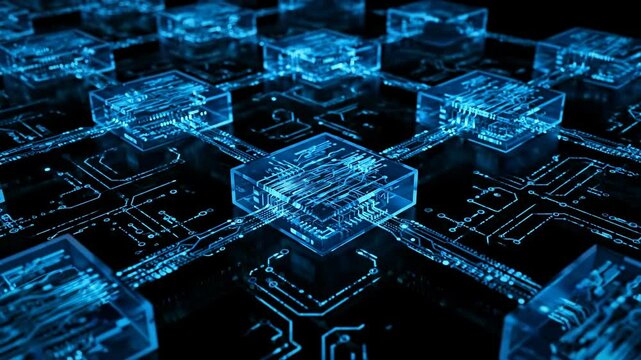 Blue circuit board modules connecting and transmitting data across a digital network grid with abstract glow, technology footage. - Powered by Adobe