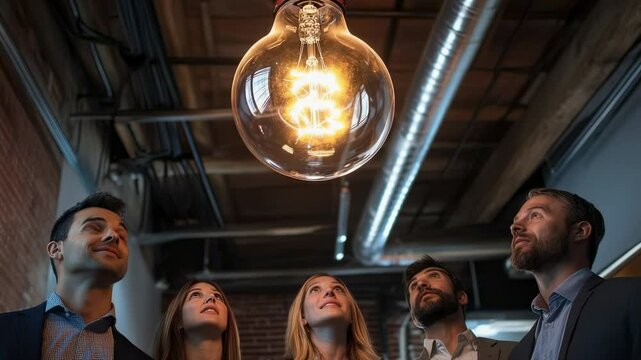 Team looking at a bright light bulb, concept of innovation and idea generation in a modern office setting