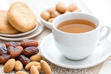 Traditional Eid al-Adha celebration featuring a cup of tea, dates, assorted nuts, and cookies arranged on an elegant tablecloth, symbolizing hospitality and festive gatherings