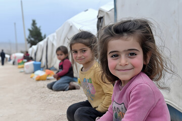 Smiling girls sitting on the ground near tents in a refugee camp, concept of children continuing to find joy in refugee camps, childhood resilience in adversity, hope and happiness despite hardship