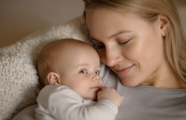 Mother and infant sharing a tender moment on a cozy blanket with soft textures and warm atmosphere. International Day of Families, Global Day of Parents, International Children Day