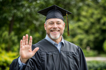Smiling man in graduation cap and gown waves cheerfully outdoors, celebrating academic achievement with greenery in the background, embodying success and joy in education
