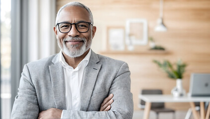 Confident mature businessman with glasses, smiling while standing in modern office space, showcasing professional demeanor and contemporary design elements in a bright environment