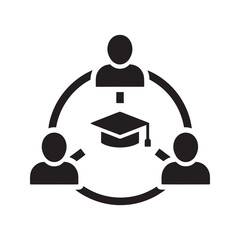 Collaborative learning icon with students in a network and a graduation cap representing a university community and group education vector solid glyph icon