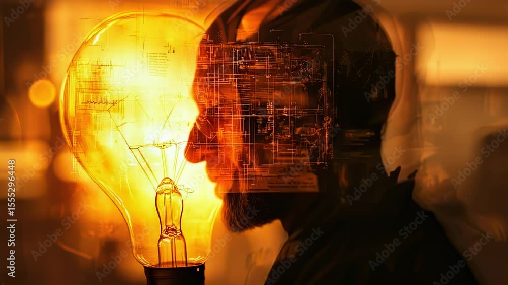 Poster conceptual image of a man with a lightbulb and circuit diagram, symbolizing innovation and ideas in 
