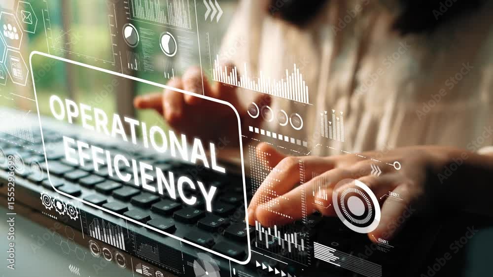 Poster hands typing on laptop with digital graphics representing operational efficiency in modern business 