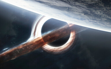 Black Hole with Bright Accretion Disk in Starfield &mdash; A dark void at the center is encircled by a glowing ring of light and swirling gas. The scene is set against a deep starry expanse